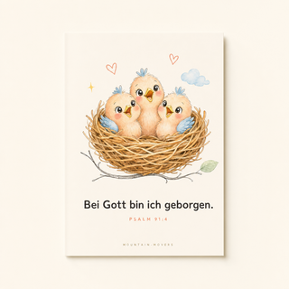 Christliches Kinderposter Vögel - Bei Gott bin ich geborgen, Psalm 91:4, A4 Format