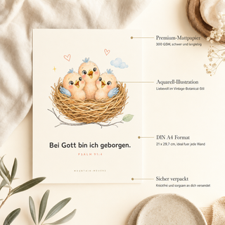 Kinderposter Vögel Produktdetails mit Annotationen - 300 GSM Premium-Mattpapier, A4, knickfrei verpackt