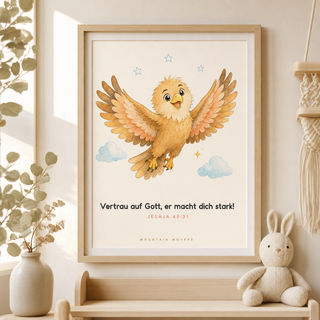 Kinderposter Adler gerahmt im Kinderzimmer, Jesaja 40:31