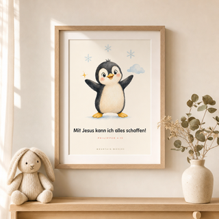 Kinderposter Pinguin gerahmt im Kinderzimmer, Philipper 4:13