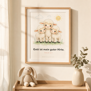 Kinderposter Schafe gerahmt im Kinderzimmer, Psalm 23:1