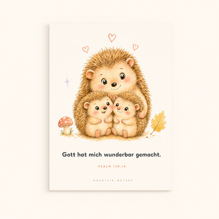 Christliches Kinderposter Igelfamilie - Gott hat mich wunderbar gemacht, Psalm 139:14, A4