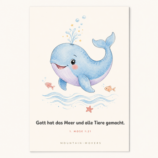 Christliches Kinderposter Wal - Gott hat das Meer und alle Tiere gemacht, 1. Mose 1:21, A4