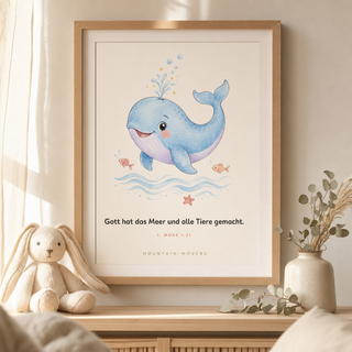 Kinderposter Wal gerahmt im Kinderzimmer, 1. Mose 1:21