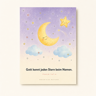 Christliches Kinderposter Mond - Gott kennt jeden Stern beim Namen, Psalm 147:4, A4