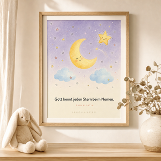 Kinderposter Mond gerahmt im Kinderzimmer, Psalm 147:4