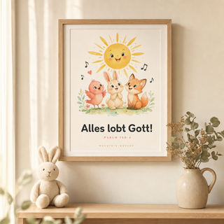 Kinderposter Tiere gerahmt im Kinderzimmer, Psalm 150:6