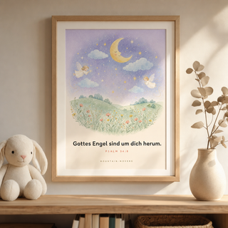 Kinderposter Engel gerahmt im Kinderzimmer, Psalm 34:8