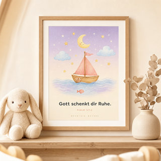 Kinderposter Schiff gerahmt im Kinderzimmer, Psalm 127:2