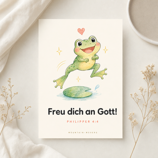 Christliches Kinderposter Frosch - Freu dich an Gott, Philipper 4:4, A4