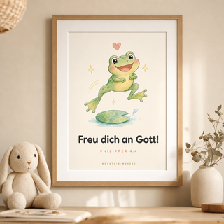 Kinderposter Frosch gerahmt im Kinderzimmer, Philipper 4:4