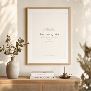 Poster Berge gerahmt im Wohnzimmer, Philipper 4:13
