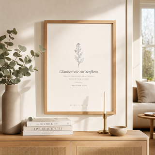 Poster Senfkorn gerahmt im Wohnzimmer, Matthäus 17:20