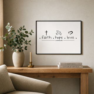 Faith Hope Love Poster gerahmt im skandinavischen Wohnzimmer, Lifestyle-Bild Mountain Movers