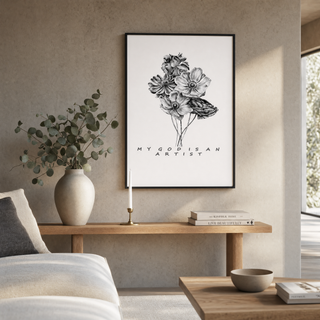 Artist Poster gerahmt im skandinavischen Wohnzimmer, Lifestyle Mountain Movers