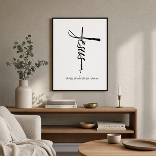 Jesus Cross Poster gerahmt im skandinavischen Wohnzimmer, Lifestyle Mountain Movers