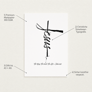 Jesus Cross Poster Detail mit USP-Annotationen Premium-Mattpapier 300 GSM DIN A4 A3 plus A0 knickfrei verpackt