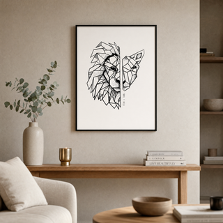 Lion x Lamb Poster gerahmt im skandinavischen Wohnzimmer, Lifestyle Mountain Movers
