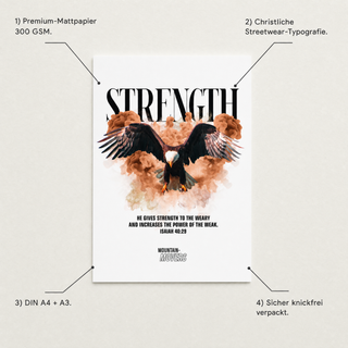 Strength Streetwear Poster Detail mit USP-Annotationen Premium-Mattpapier 300 GSM DIN A4 plus A3 knickfrei verpackt