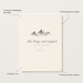 Poster Berge Produktvorteile - 300 GSM, A4, minimalistisch, knickfrei verpackt