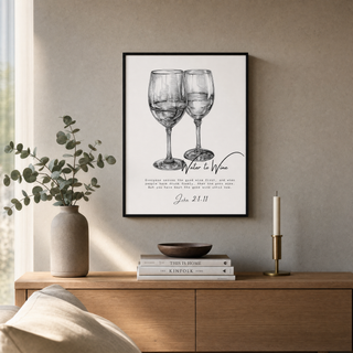 Water to Wine Sketch Poster gerahmt im skandinavischen Wohnzimmer, Lifestyle Mountain Movers