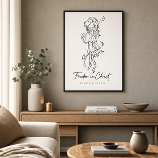 Freedom in Christ Poster gerahmt im skandinavischen Wohnzimmer, Lifestyle Mountain Movers