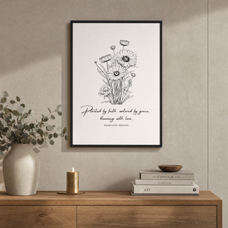 Planted by Faith Poster gerahmt im skandinavischen Wohnzimmer, Lifestyle Mountain Movers