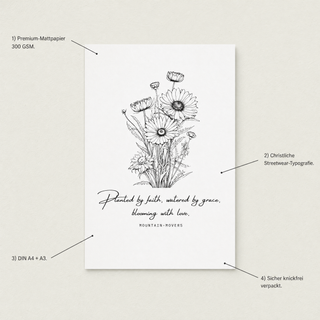 Planted by Faith Poster Detail mit USP-Annotationen Premium-Mattpapier 300 GSM DIN A4 plus A3 knickfrei verpackt