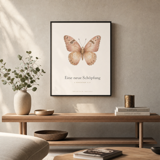 Poster Schmetterling gerahmt im Wohnzimmer, 2. Korinther 5:17