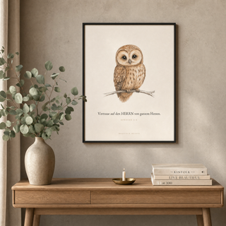 Poster Eule gerahmt im Wohnzimmer, Sprüche 3:5