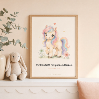 Kinderposter Einhorn im Kinderzimmer, Sprüche 3:5