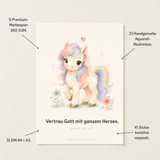 Kinderposter Einhorn Produktvorteile - 300 GSM, A4, Aquarell, knickfrei verpackt