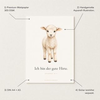 Kinderposter Lamm Produktvorteile - 300 GSM, A4, Aquarell, knickfrei verpackt