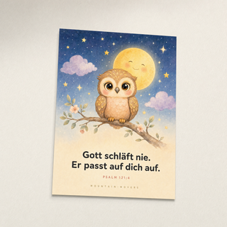Christliches Kinderposter Eule mit Mond - Gott schläft nie, Psalm 121:4, A4