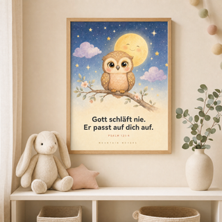 Kinderposter Eule im Kinderzimmer, Psalm 121:4