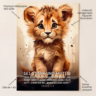 Kinderposter Loewe Detail mit USP-Annotationen Premium-Mattpapier 300 GSM Aquarell-Illustration DIN A4 plus A3 knickfrei verpackt