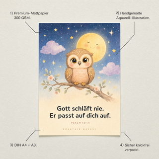 Kinderposter Eule Produktvorteile - 300 GSM, A4, Aquarell, knickfrei verpackt