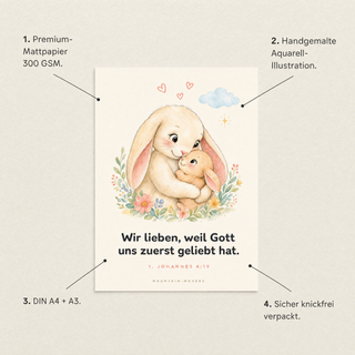Kinderposter Hasen Produktvorteile - 300 GSM, A4, Aquarell, knickfrei verpackt