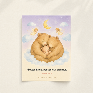 Christliches Kinderposter Bärchen mit Engeln - Gottes Engel passen auf dich auf, Psalm 91:11, A4