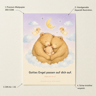 Kinderposter Bärchen-Engel Produktvorteile - 300 GSM, A4, Aquarell, knickfrei verpackt