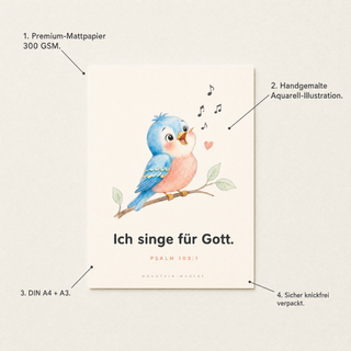 Kinderposter Singvogel Produktvorteile - 300 GSM, A4, Aquarell, knickfrei verpackt
