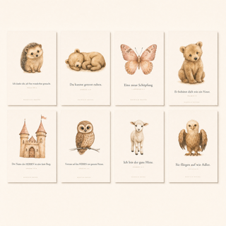 Christliches Kindertierposter Set, 8 Poster A4 mit Bibelversen