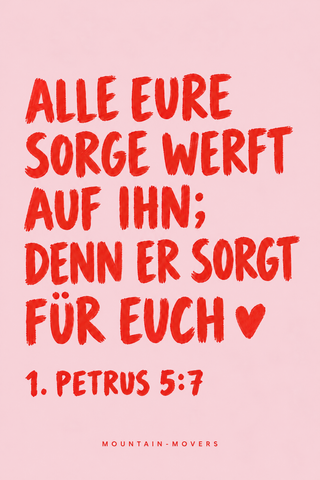 Christliches Poster Alle eure Sorge werft auf ihn, 1. Petrus 5:7, rotes Handlettering auf Rosa, A4