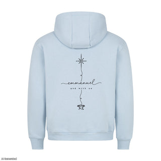 Emmanuel God With Us Line Art Christmas Hoodie Backprint Babyblau