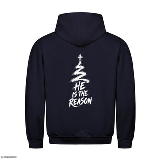 He Is the Reason Christmas Hoodie Backprint Navy