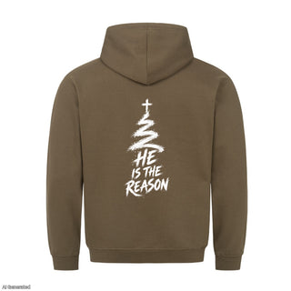 He Is the Reason Christmas Hoodie Backprint Olive