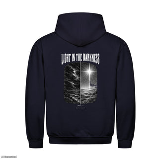 Light in the Darkness Christmas Hoodie Backprint Navy