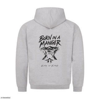 Born in a Manger King of Kings Christmas Hoodie Backprint Grau