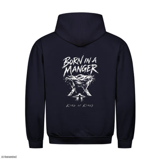 Born in a Manger King of Kings Christmas Hoodie Backprint Navy