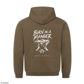 Born in a Manger King of Kings Christmas Hoodie Backprint Olive